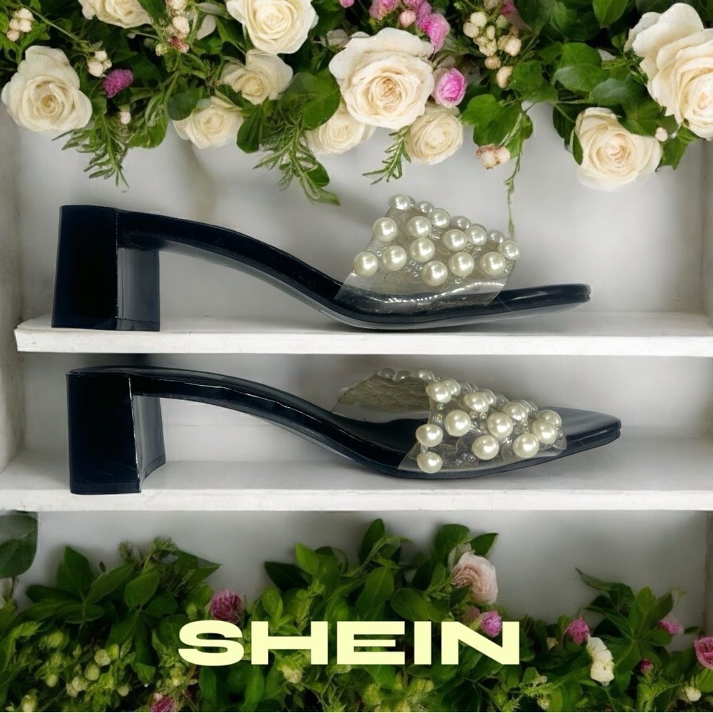 SHEIN l Pearl Endowed Black Heels, Sandals l 2 1/2” heel l 39 l EUC